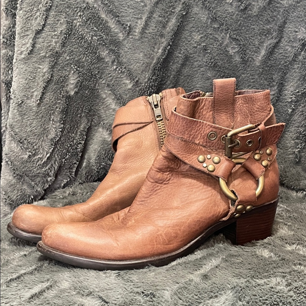Women's Tan Leather Ankle Boots with Buckle Detail
